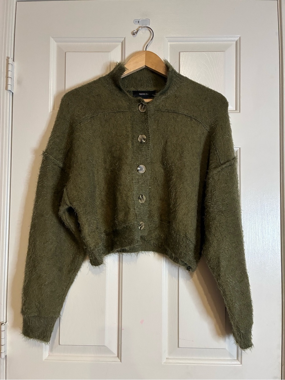 Forever 21 Olive Green Fuzzy Cropped Button Cardigan